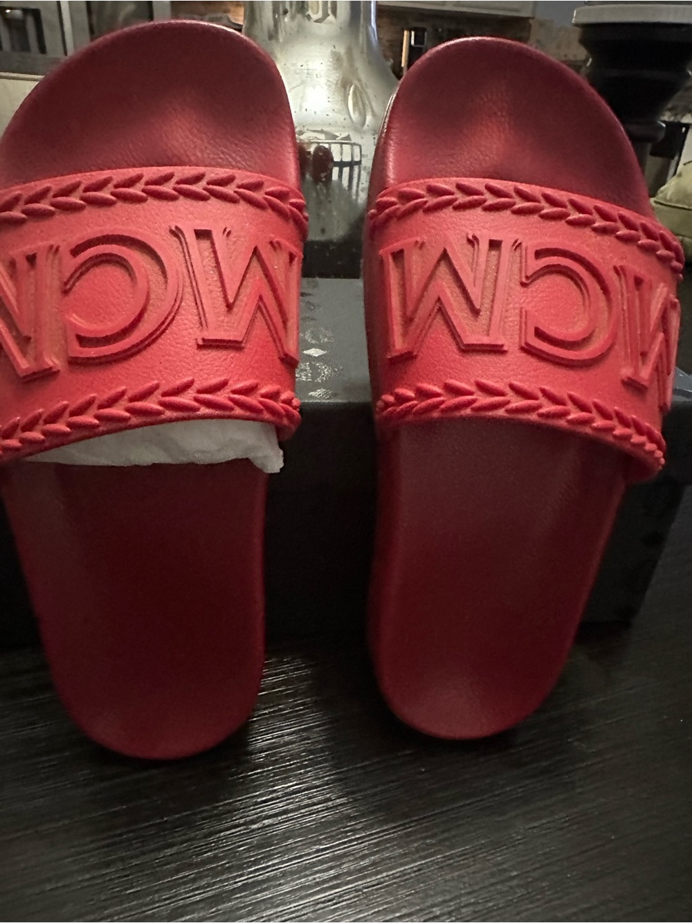 MCM Red Logo Embossed Slide Sandals